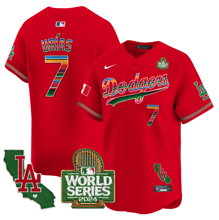 Men MLB Mexico Los Angeles Dodgers #7 Urias red 2024 World Series Champions Patch Jersey 2024110